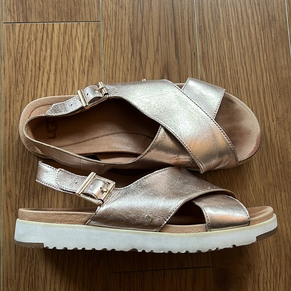 UGG size 7.5 rose gold leather criss cross slingback sandals